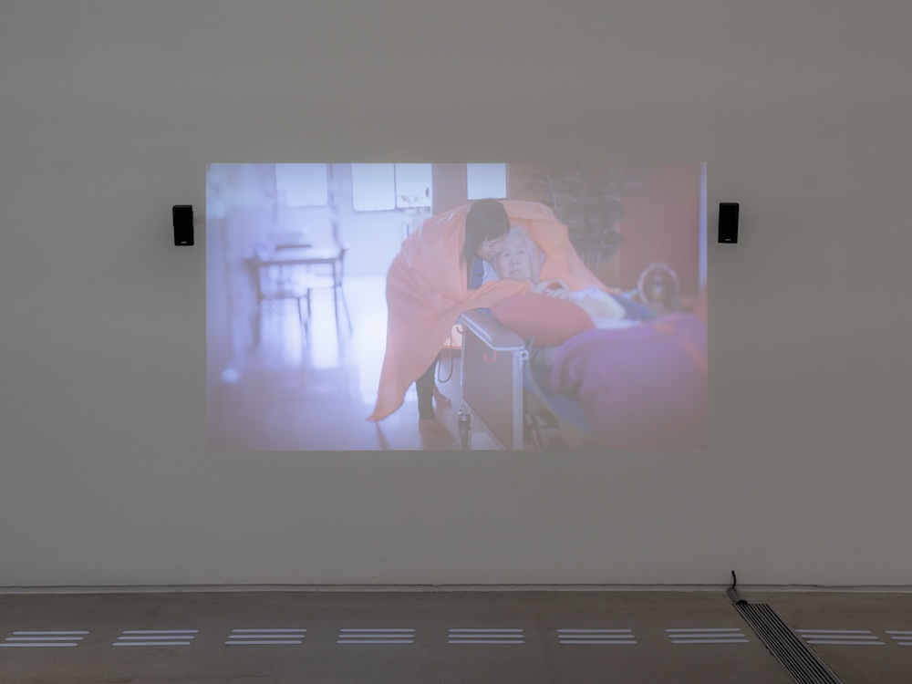 작가, 알레시아 네오. 작품명, 돌봄 색인: 돌봄의 무보. 부분, 사진. 제작년도, 2018년, 작가 소장. 매체 및 기법, 디지털 프린트. 규격, 38 X 28 cm (x7), 25.5 X 38 cm (x2). 영상 스틸. 돌봄의 몸짓을 춤으로 나타내고, 그 모습을 담은 사진이다. 어느 가정의 부엌에서 한 사람이 주홍색 천을 뒤집어쓰고 있다. 천은 반투명해서 무릎을 꿇고 팔을 앞으로 뻗은 사람의 실루엣이 드러난다.