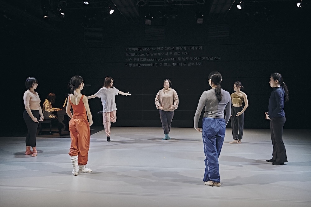 작가, 윤상은. 작품명, 메타발레-비 코펠리아 선언. 부문, 공연. 제작년도, 2024년. 일곱 명의 사람들이 둥글게 서 있다. 체형도 복장도 몸짓도 다양하다.